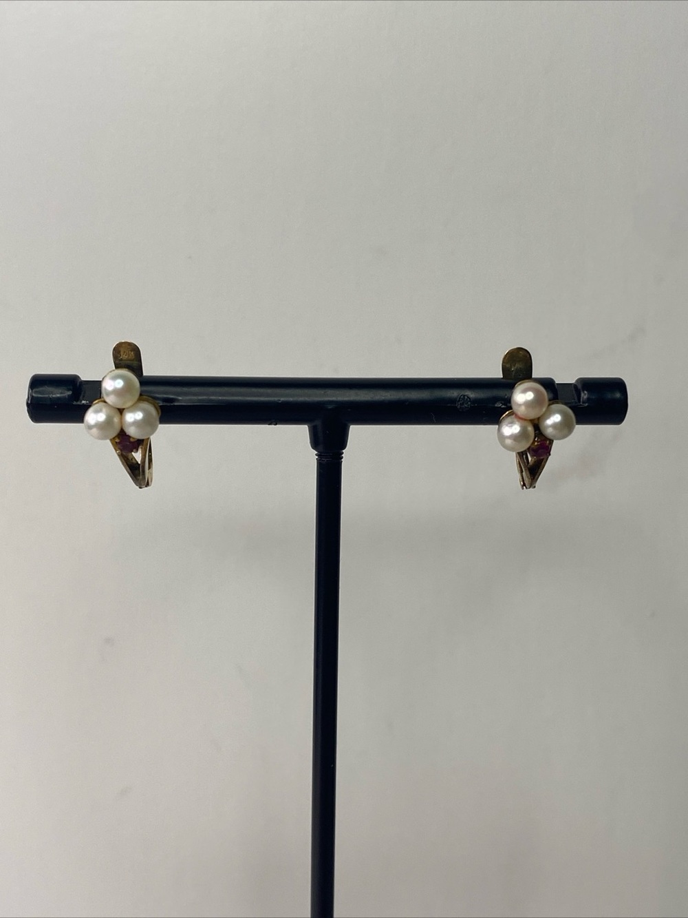 Vintage 10k Pearl Cluster and ruby English clasp Earrings -
